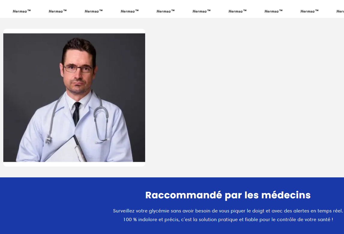 Capture d'écran du site web de Hermsa, montrant un médecin qui recommande leur glucomètre